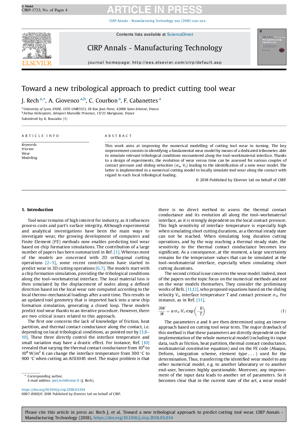 Toward a new tribological approach to predict cutting tool wear