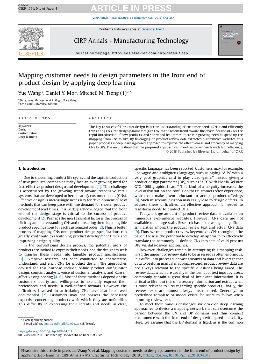 Mapping customer needs to design parameters in the front end of product design by applying deep learning