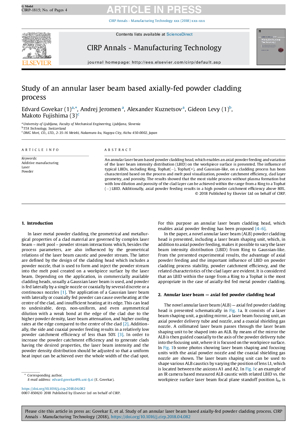 Study of an annular laser beam based axially-fed powder cladding process