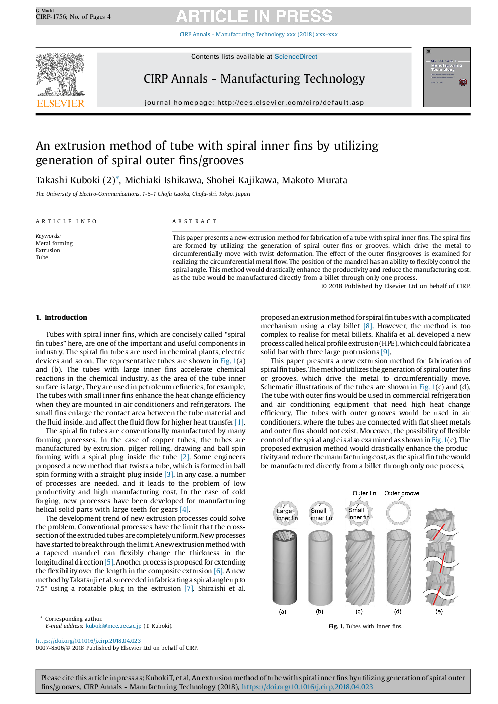 روش فرم‌دهی (اکستروژن) لوله با پره‌های مارپیچی داخلی با بهره‌گیری از ایجاد پره / شیارهای مارپیچی خارجی