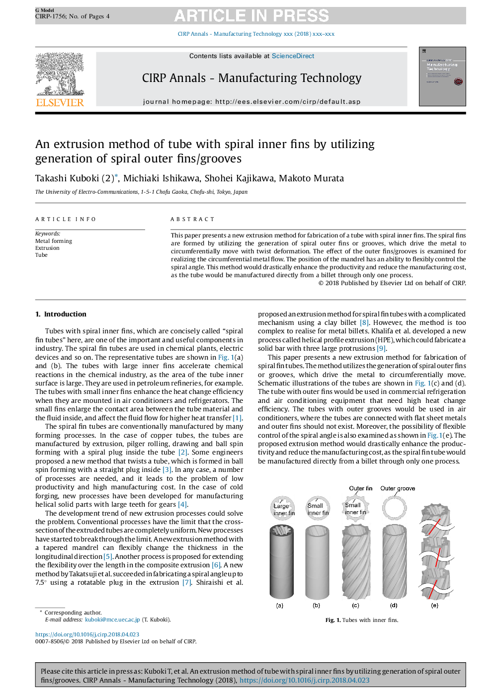 An extrusion method of tube with spiral inner fins by utilizing generation of spiral outer fins/grooves