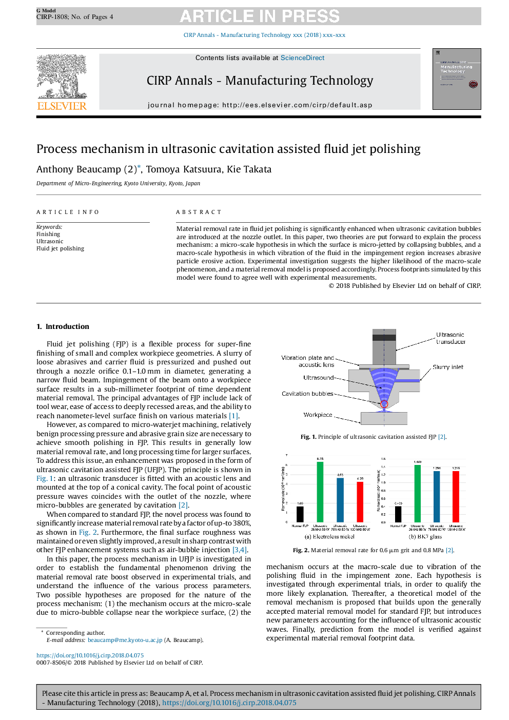 Process mechanism in ultrasonic cavitation assisted fluid jet polishing