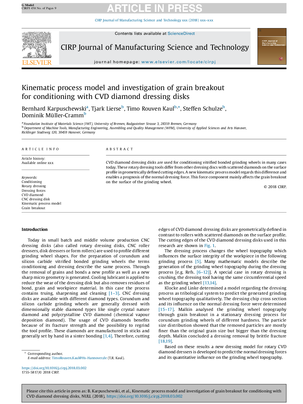 Kinematic process model and investigation of grain breakout for conditioning with CVD diamond dressing disks