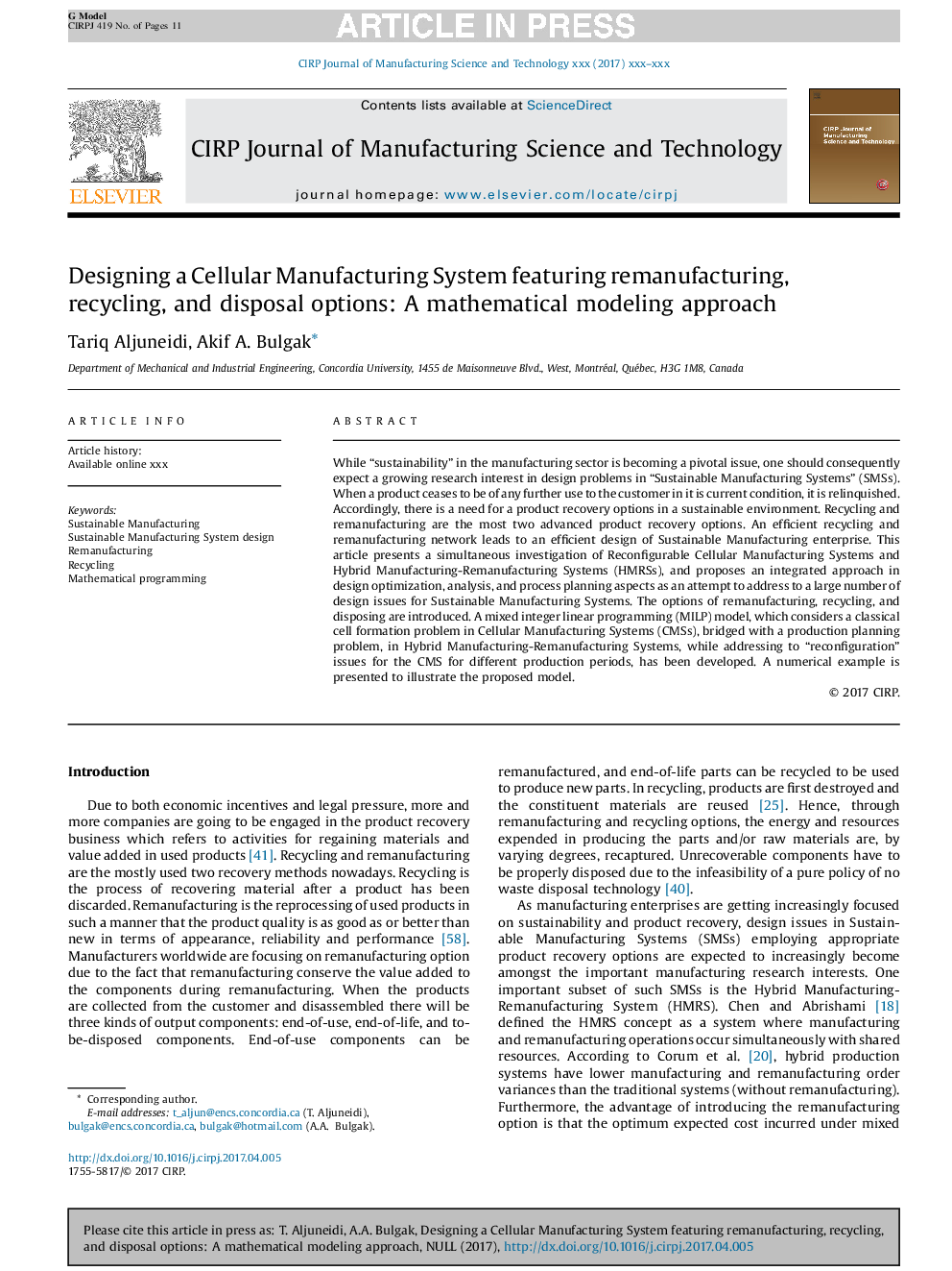 Designing a Cellular Manufacturing System featuring remanufacturing, recycling, and disposal options: A mathematical modeling approach