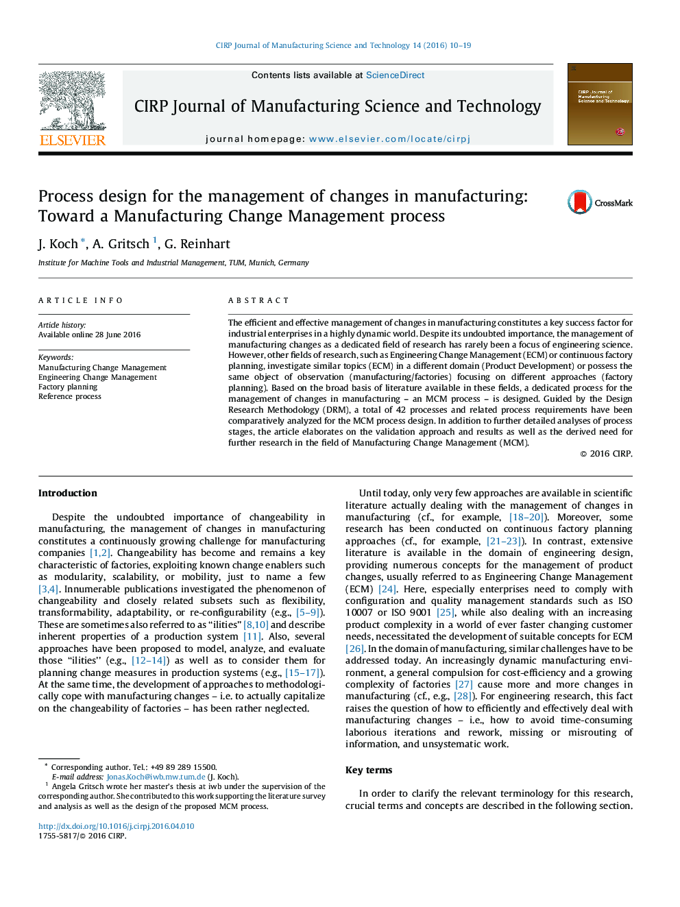 Process design for the management of changes in manufacturing: Toward a Manufacturing Change Management process