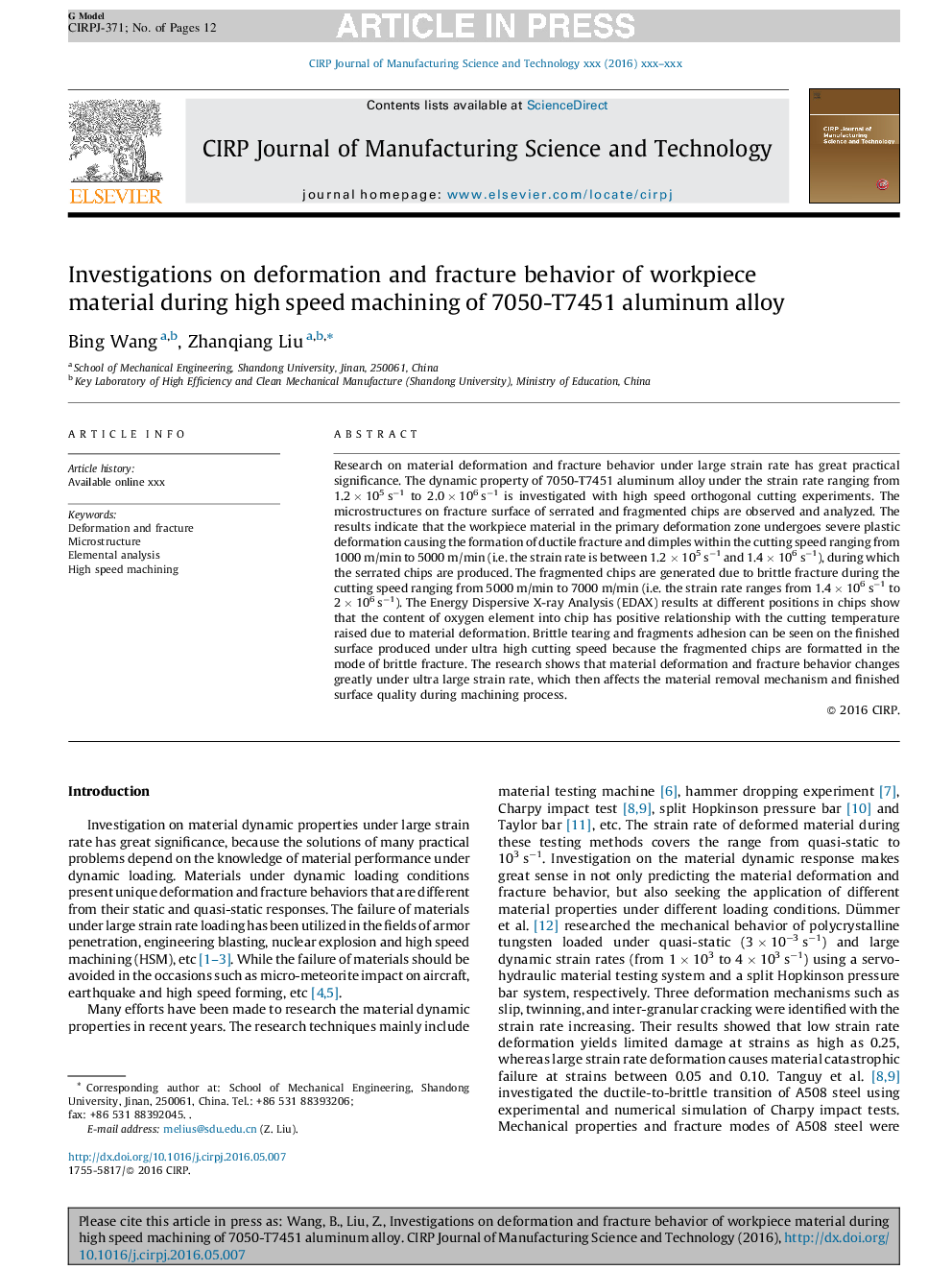 Investigations on deformation and fracture behavior of workpiece material during high speed machining of 7050-T7451 aluminum alloy