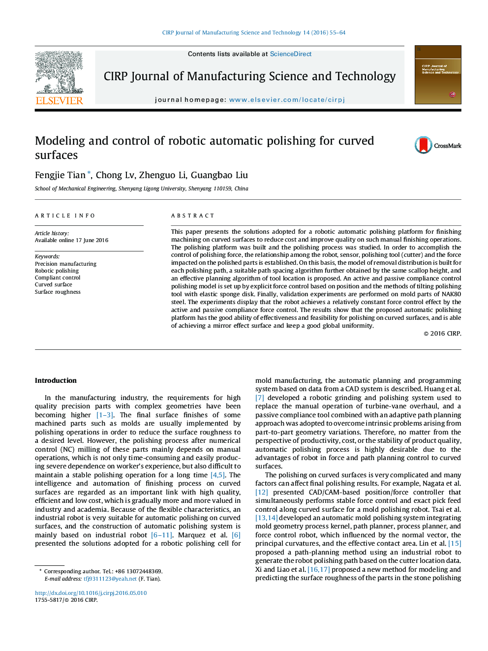 Modeling and control of robotic automatic polishing for curved surfaces