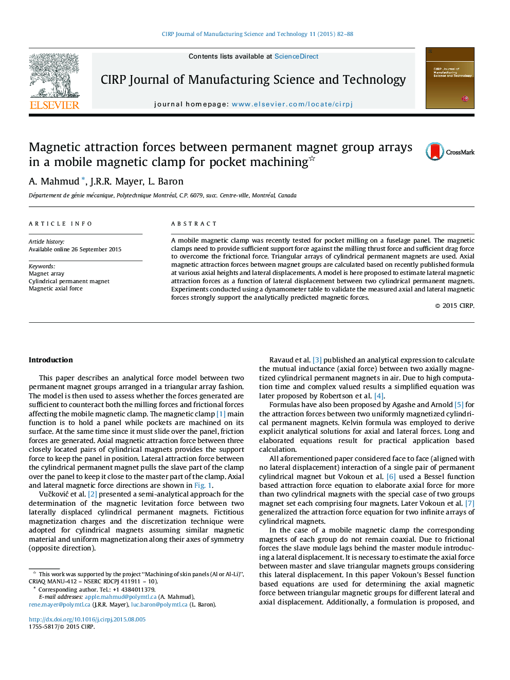 Magnetic attraction forces between permanent magnet group arrays in a mobile magnetic clamp for pocket machining