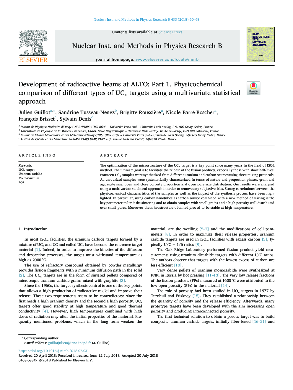 Development of radioactive beams at ALTO: Part 1. Physicochemical comparison of different types of UCx targets using a multivariate statistical approach