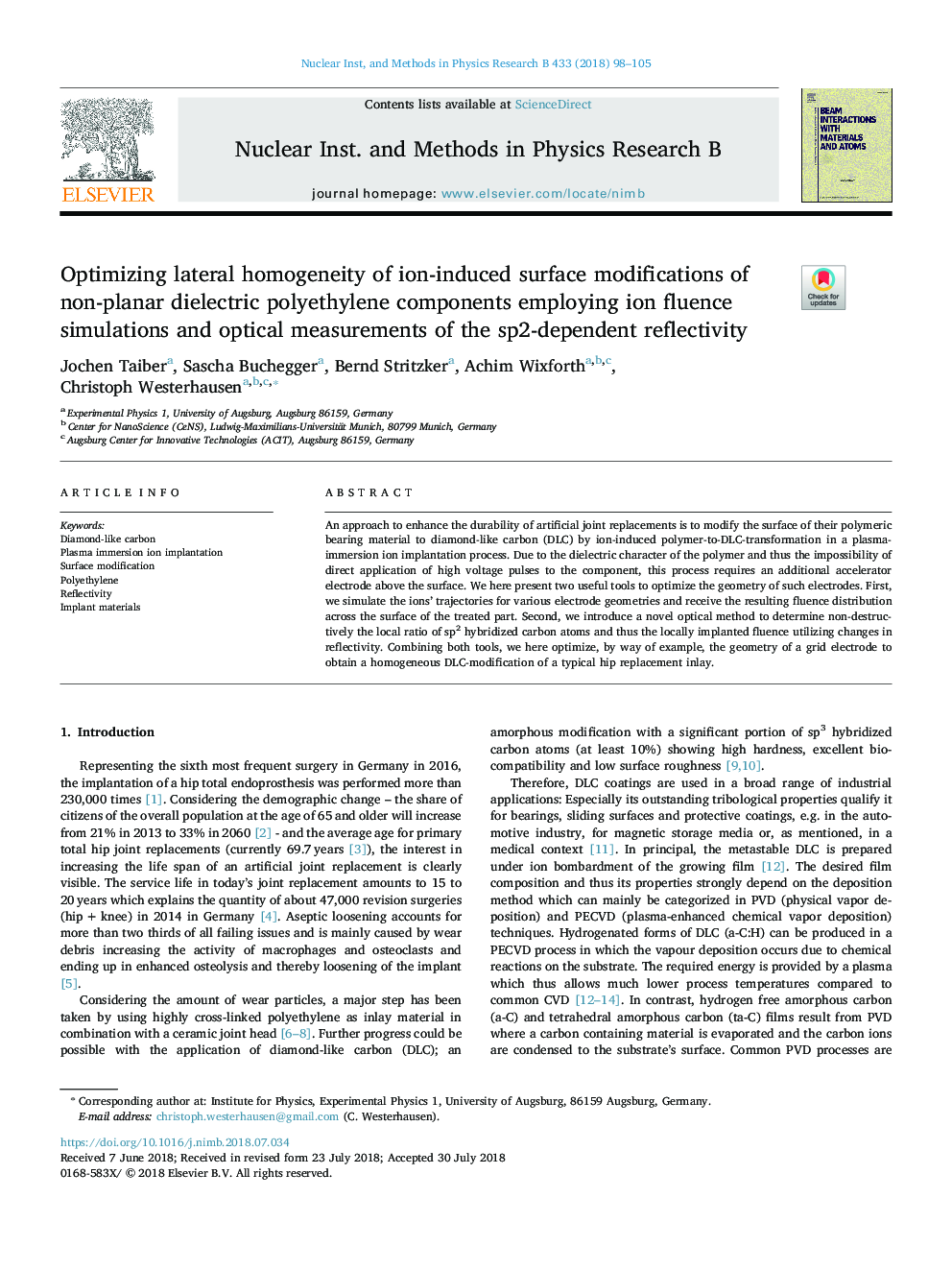 Optimizing lateral homogeneity of ion-induced surface modifications of non-planar dielectric polyethylene components employing ion fluence simulations and optical measurements of the sp2-dependent reflectivity