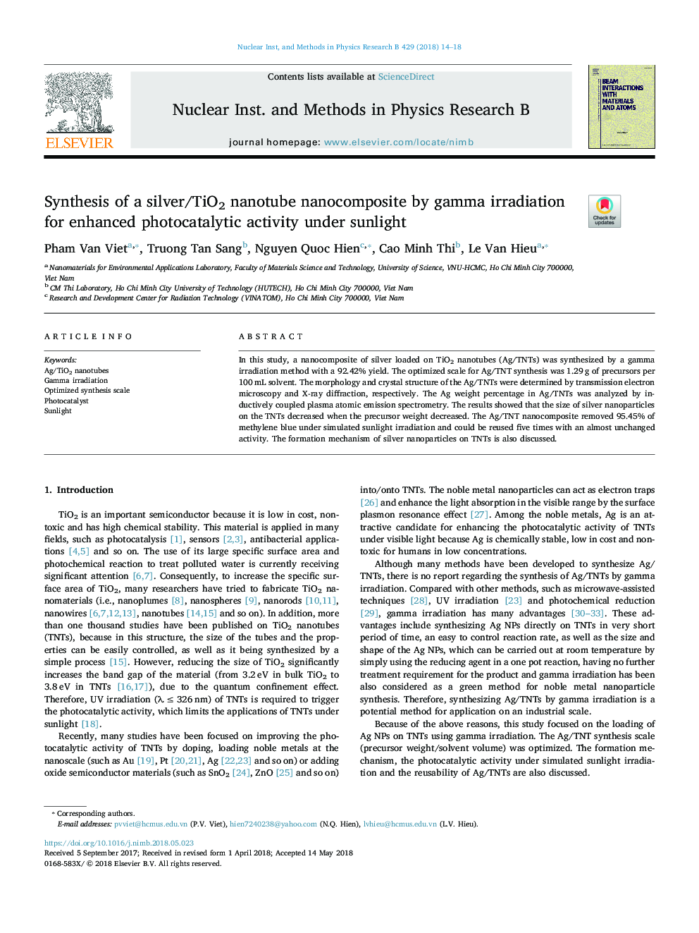 Synthesis of a silver/TiO2 nanotube nanocomposite by gamma irradiation for enhanced photocatalytic activity under sunlight