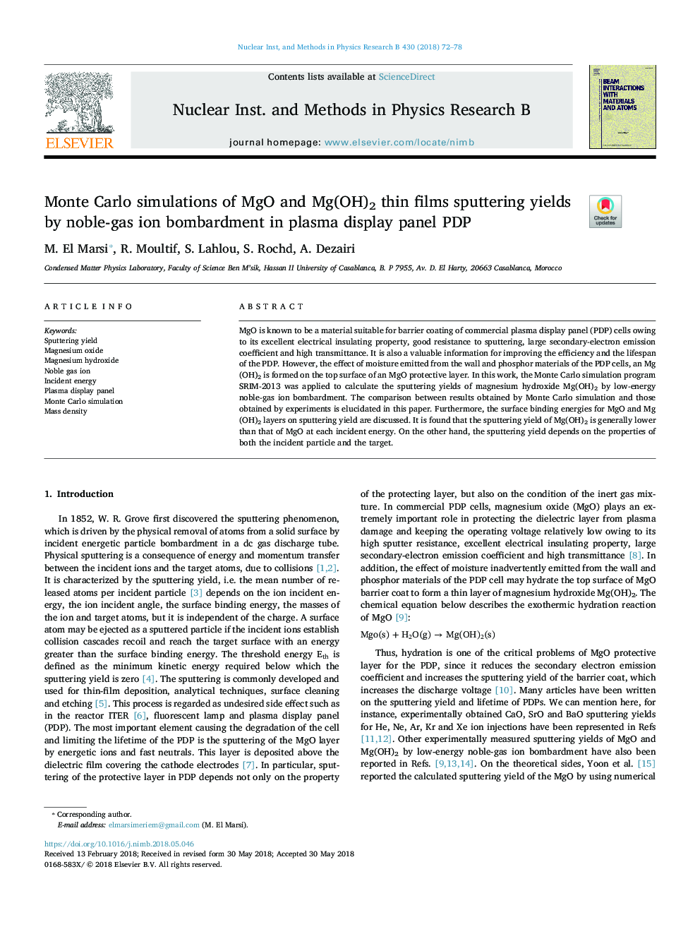 Monte Carlo simulations of MgO and Mg(OH)2 thin films sputtering yields by noble-gas ion bombardment in plasma display panel PDP