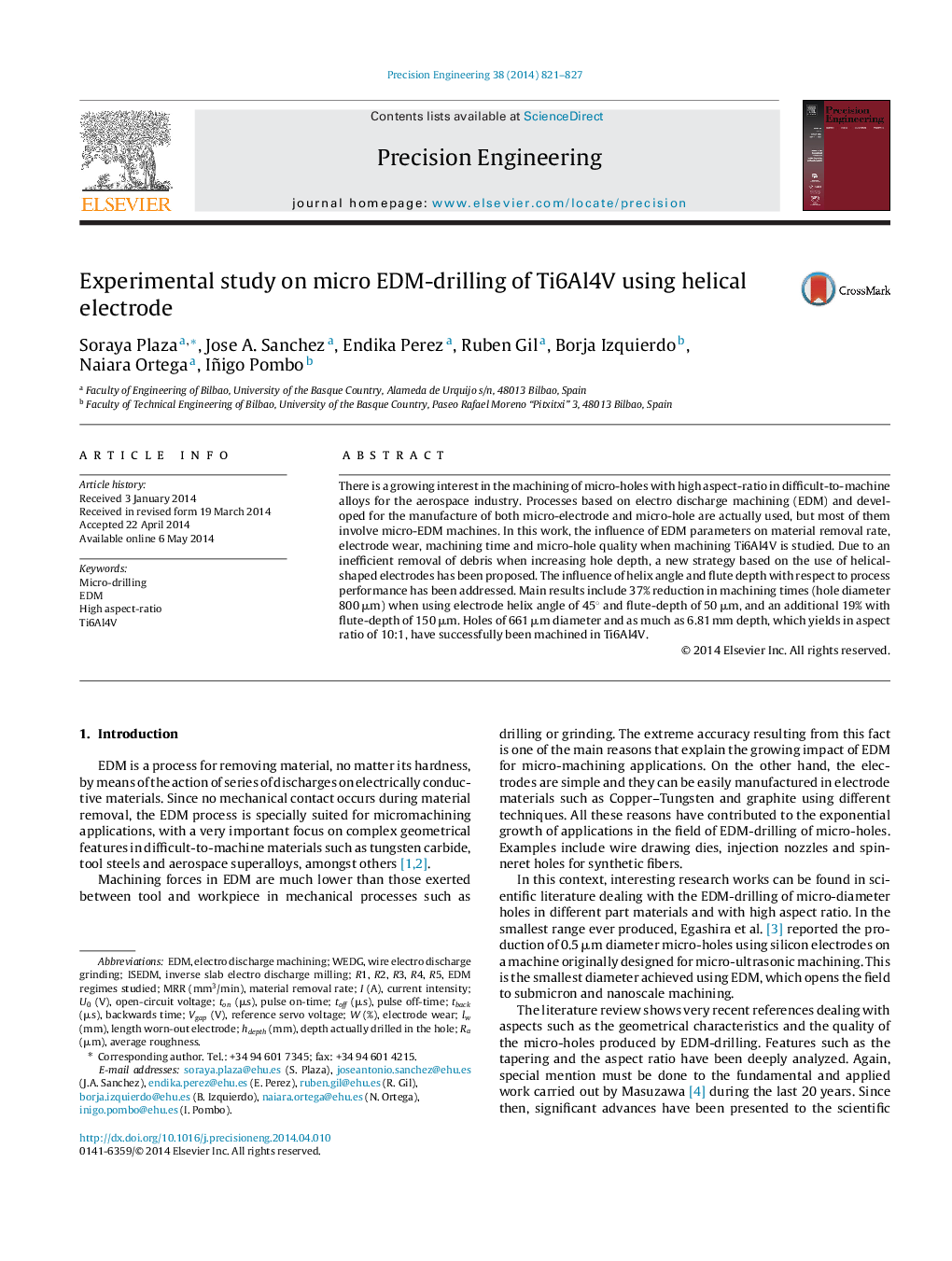 عکس صفحه اول مقاله: Experimental study on micro EDM-drilling of Ti6Al4V using helical electrode Experimental study on micro EDM-drilling of Ti6Al4V using helical electrode