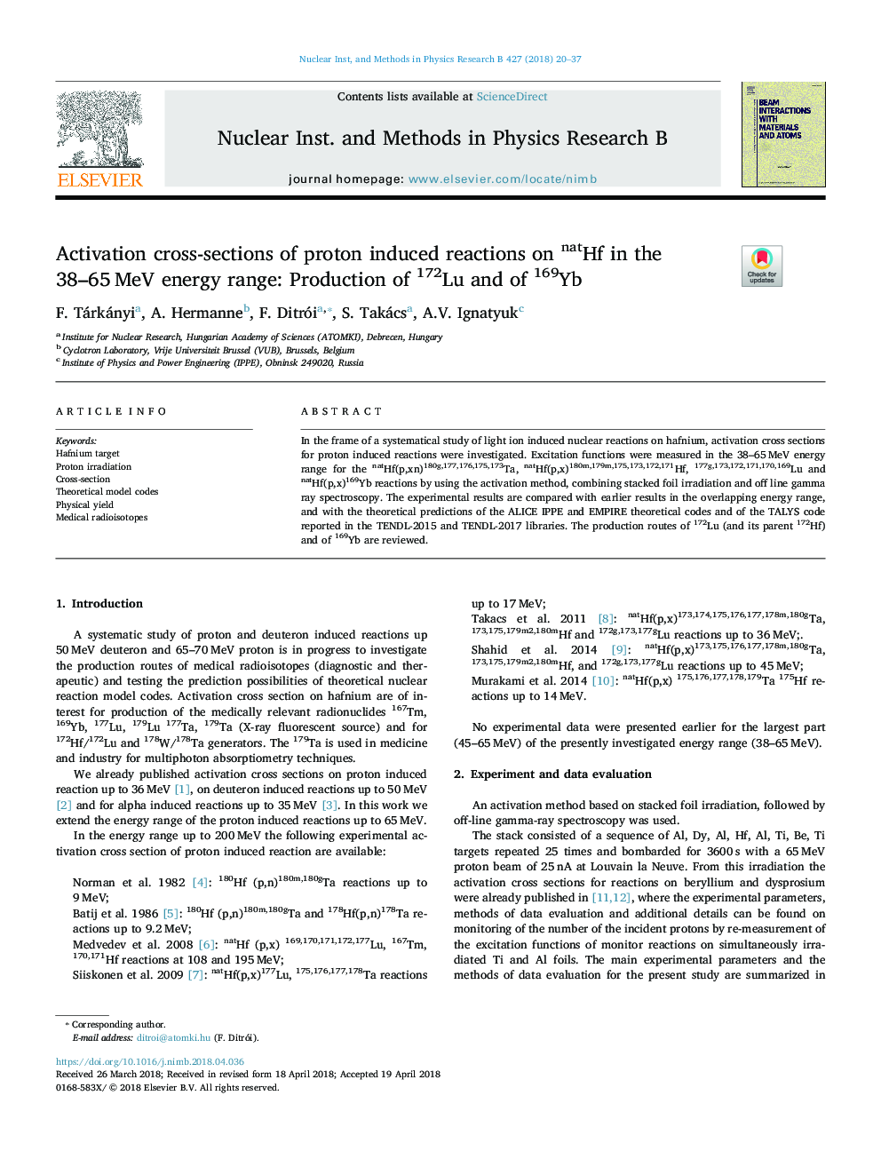 Activation cross-sections of proton induced reactions on natHf in the 38-65â¯MeV energy range: Production of 172Lu and of 169Yb