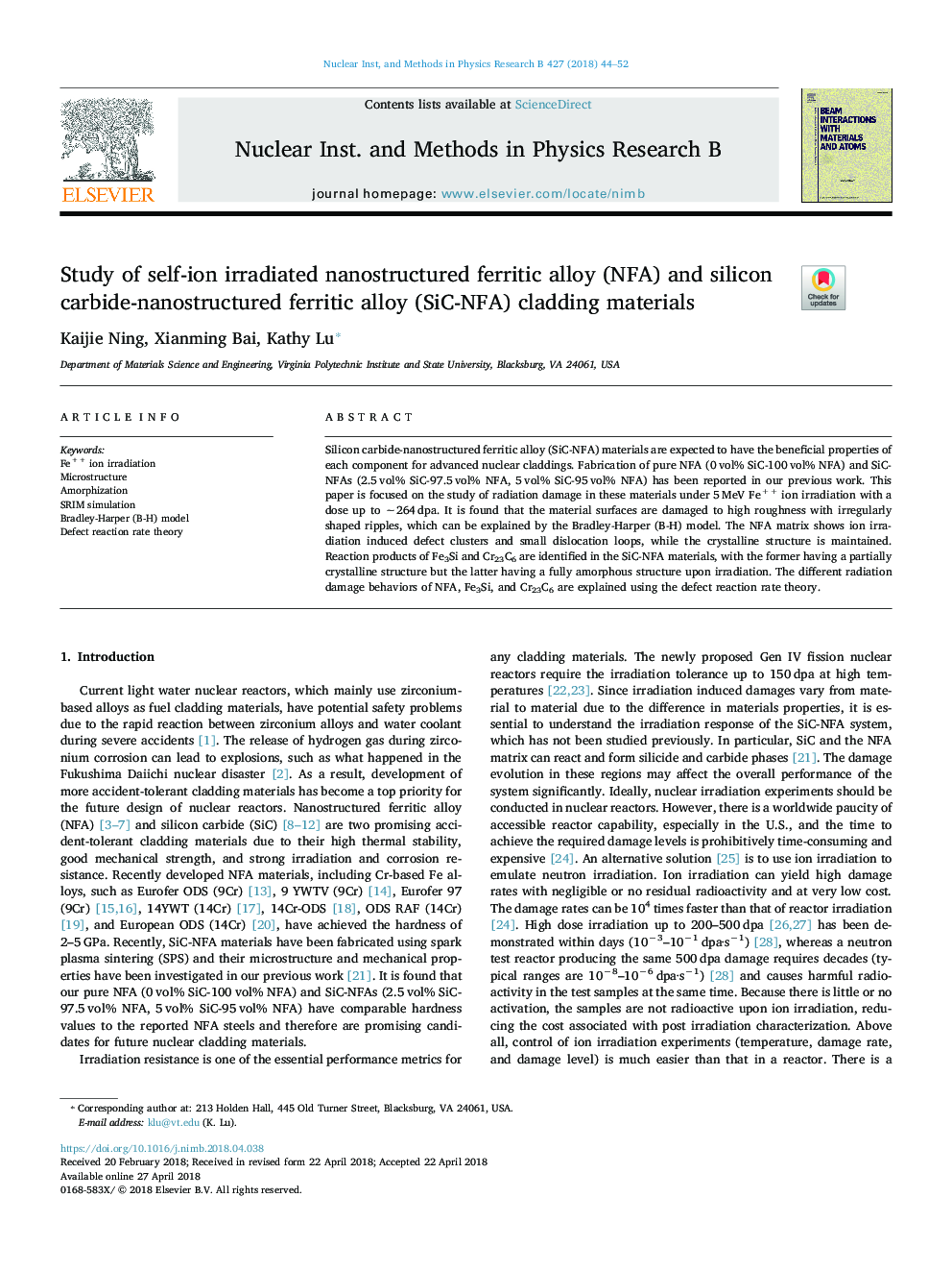 Study of self-ion irradiated nanostructured ferritic alloy (NFA) and silicon carbide-nanostructured ferritic alloy (SiC-NFA) cladding materials