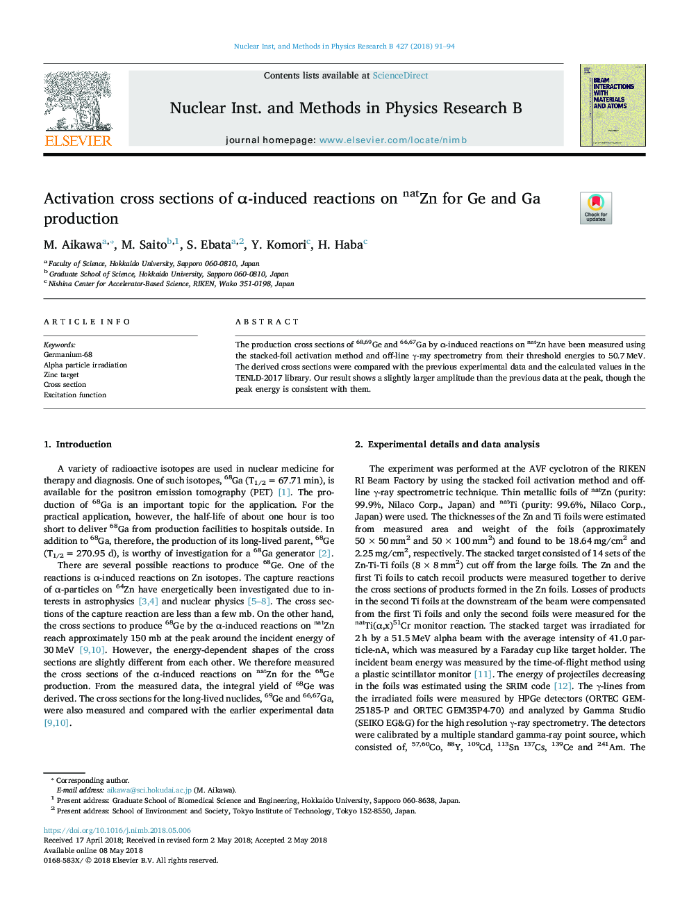 Activation cross sections of Î±-induced reactions on natZn for Ge and Ga production