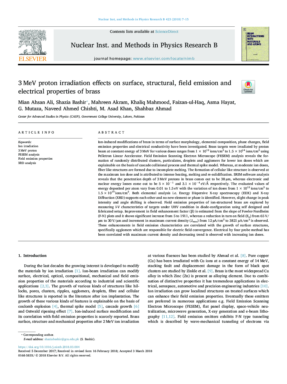 3â¯MeV proton irradiation effects on surface, structural, field emission and electrical properties of brass