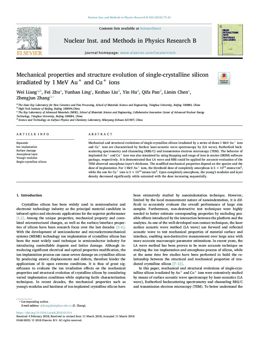 Mechanical properties and structure evolution of single-crystalline silicon irradiated by 1â¯MeV Au+ and Cu+ ions