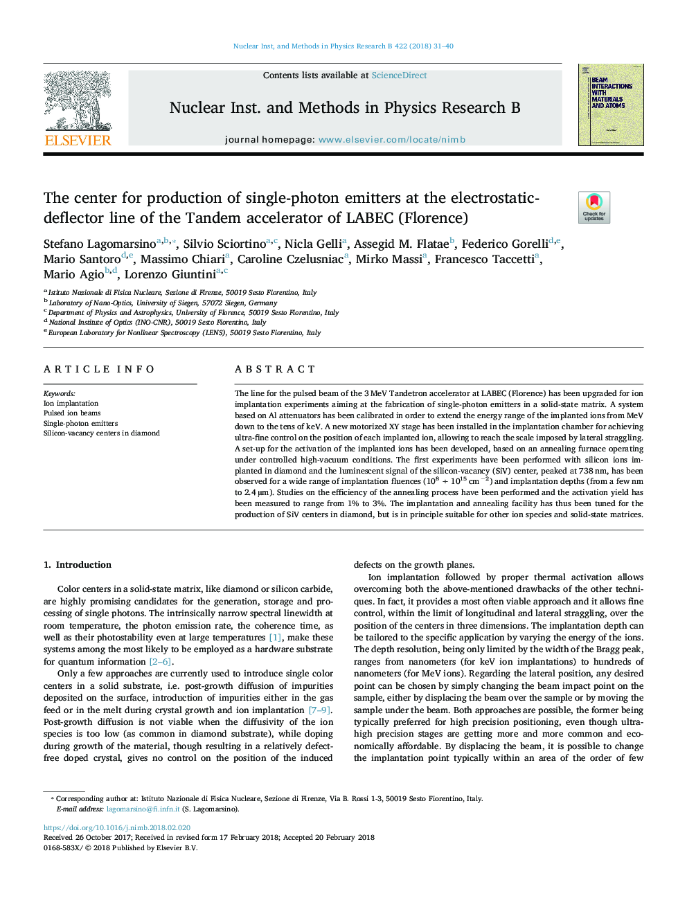 The center for production of single-photon emitters at the electrostatic-deflector line of the Tandem accelerator of LABEC (Florence)