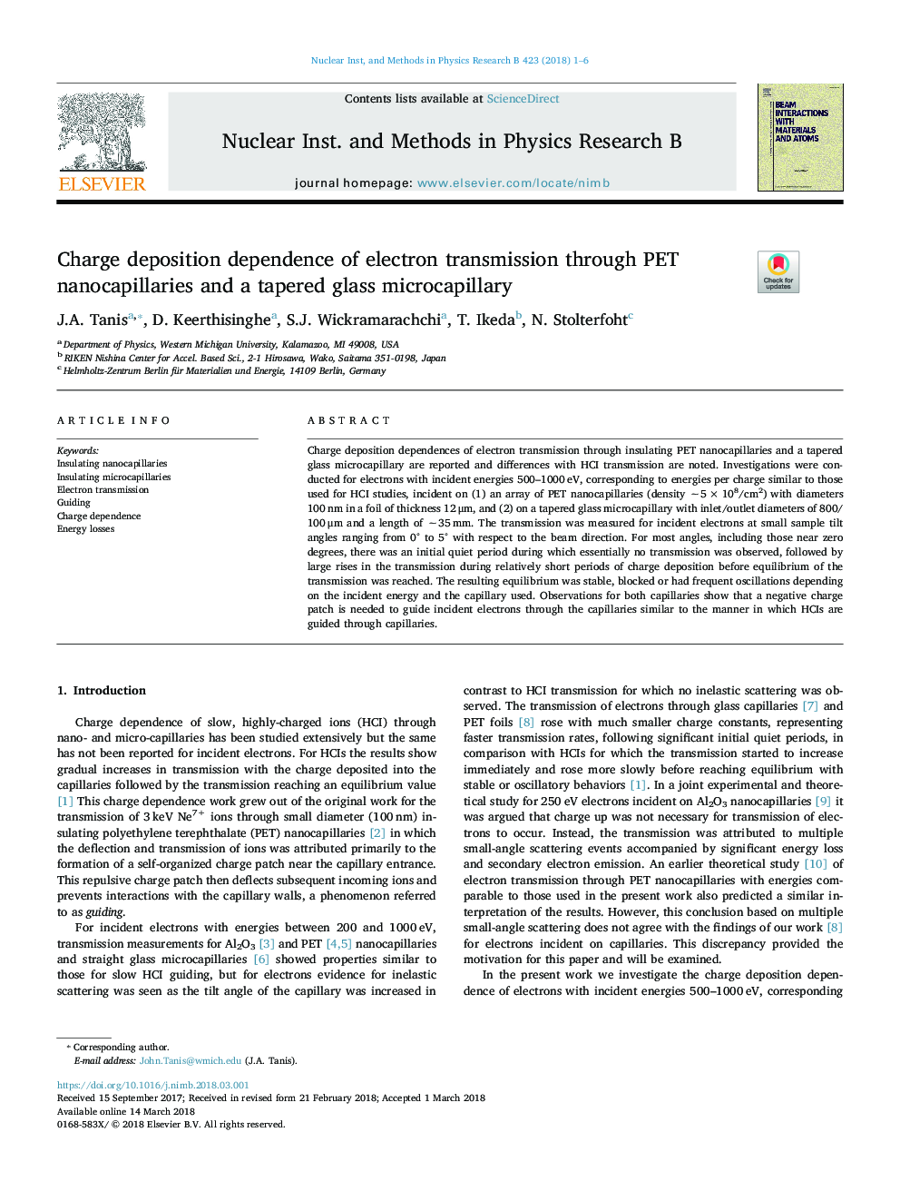 Charge deposition dependence of electron transmission through PET nanocapillaries and a tapered glass microcapillary