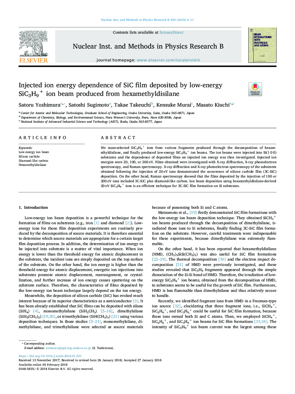 Injected ion energy dependence of SiC film deposited by low-energy SiC3H9+ ion beam produced from hexamethyldisilane