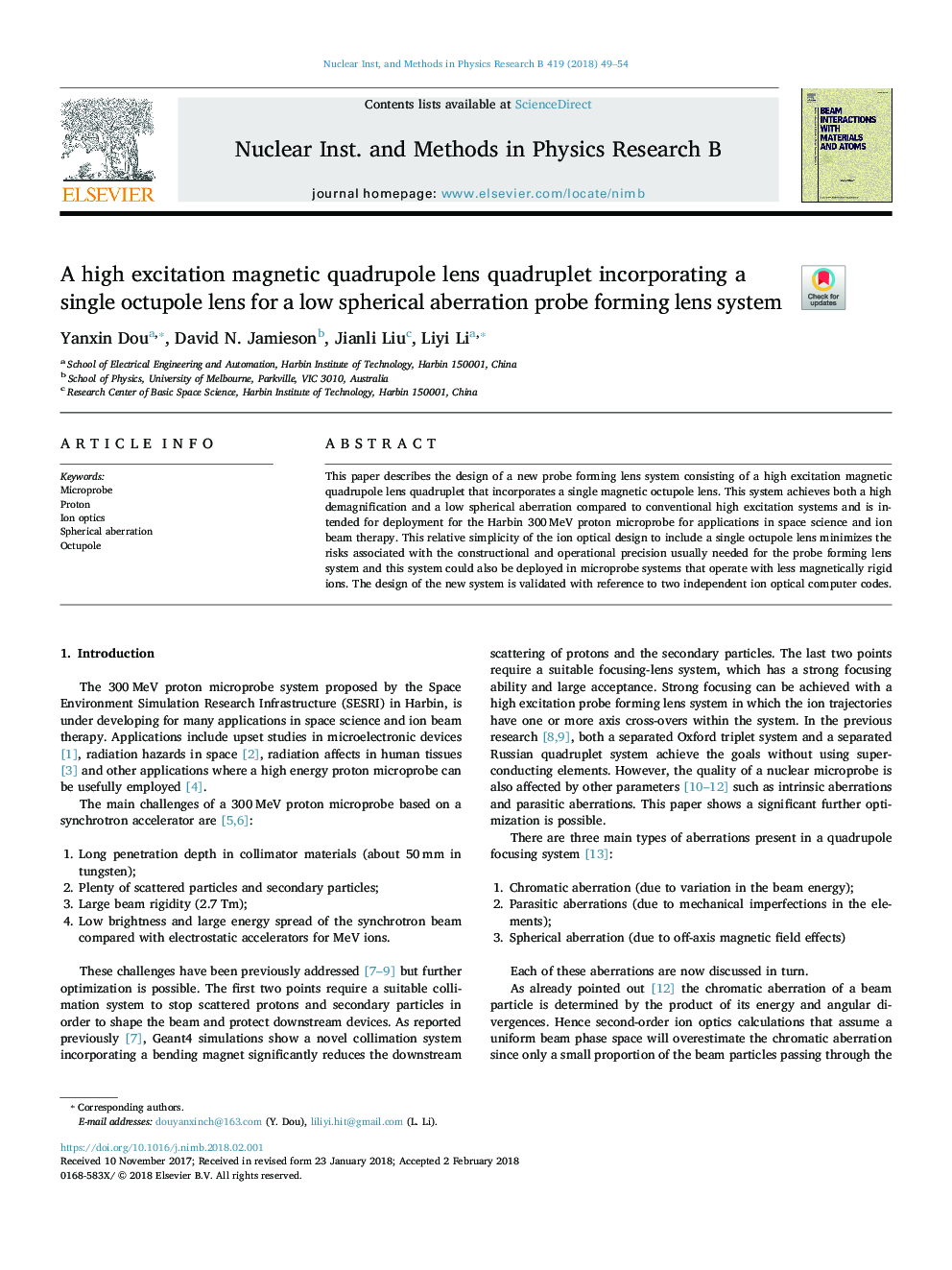 A high excitation magnetic quadrupole lens quadruplet incorporating a single octupole lens for a low spherical aberration probe forming lens system