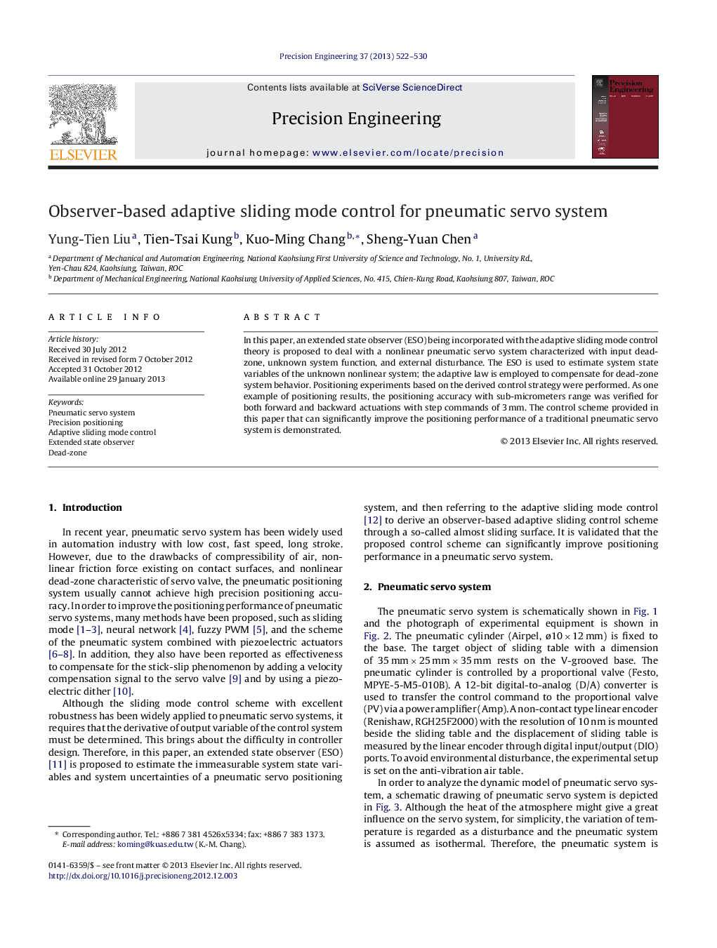 Observer-based adaptive sliding mode control for pneumatic servo system