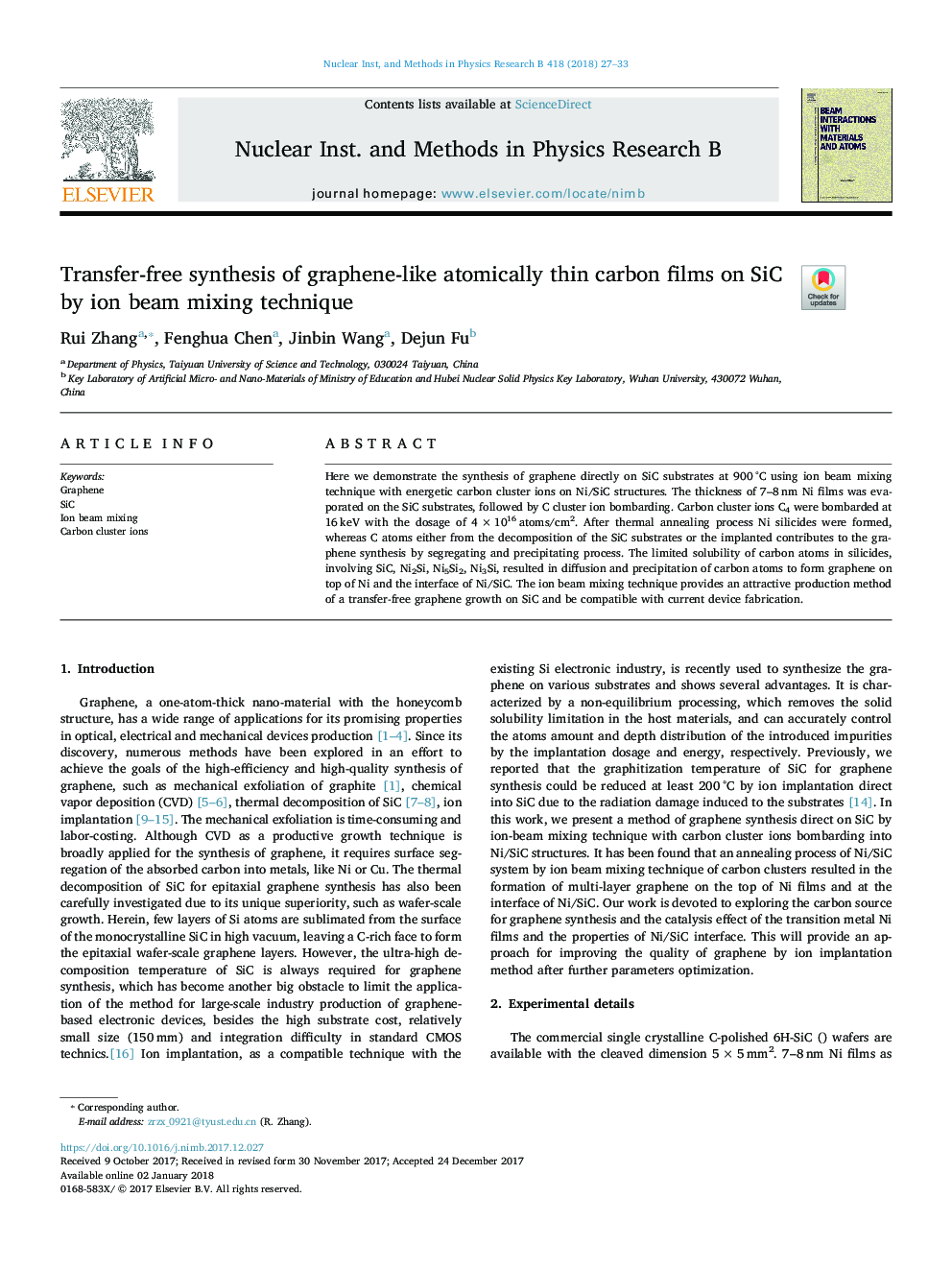 Transfer-free synthesis of graphene-like atomically thin carbon films on SiC by ion beam mixing technique