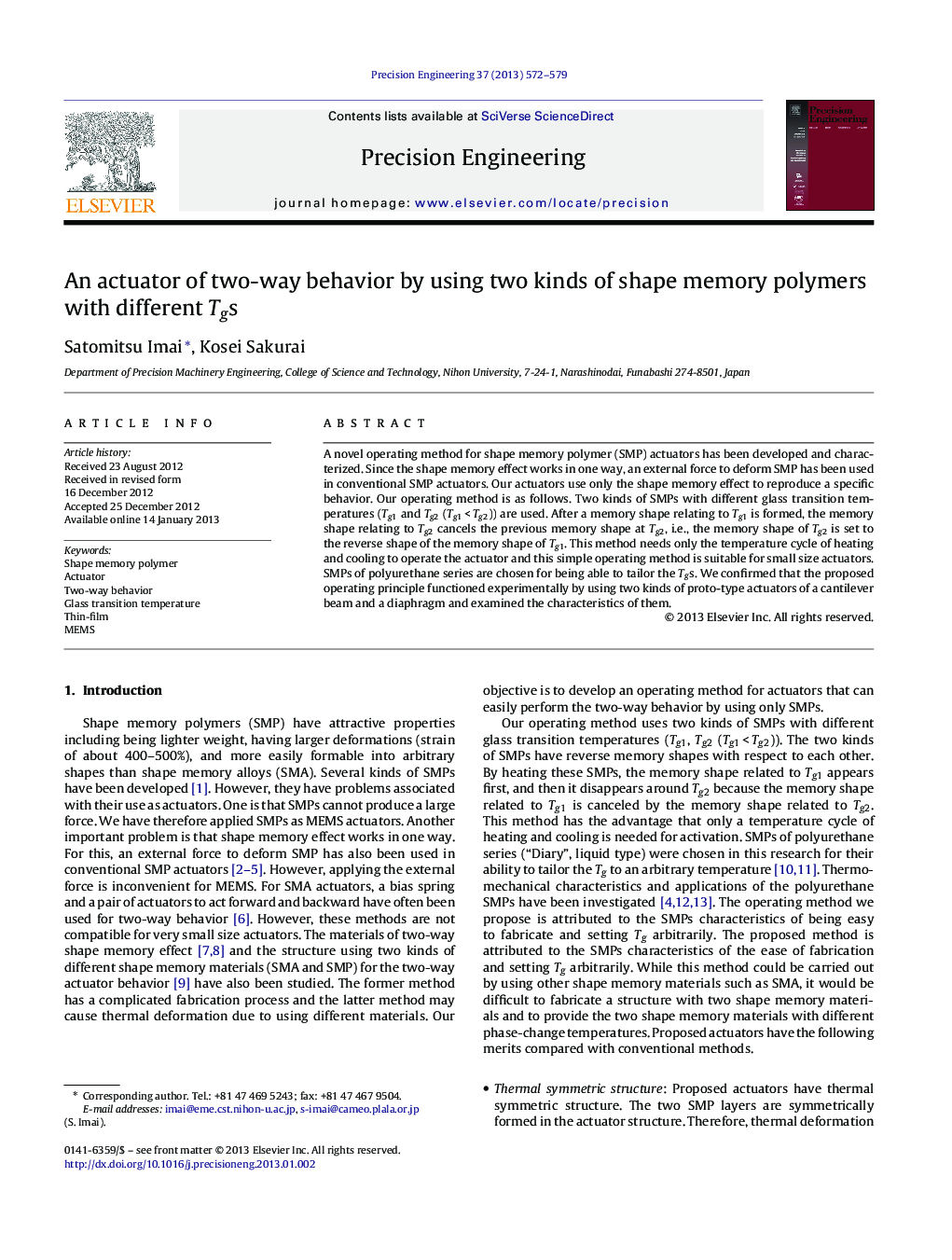 An actuator of two-way behavior by using two kinds of shape memory polymers with different Tgs