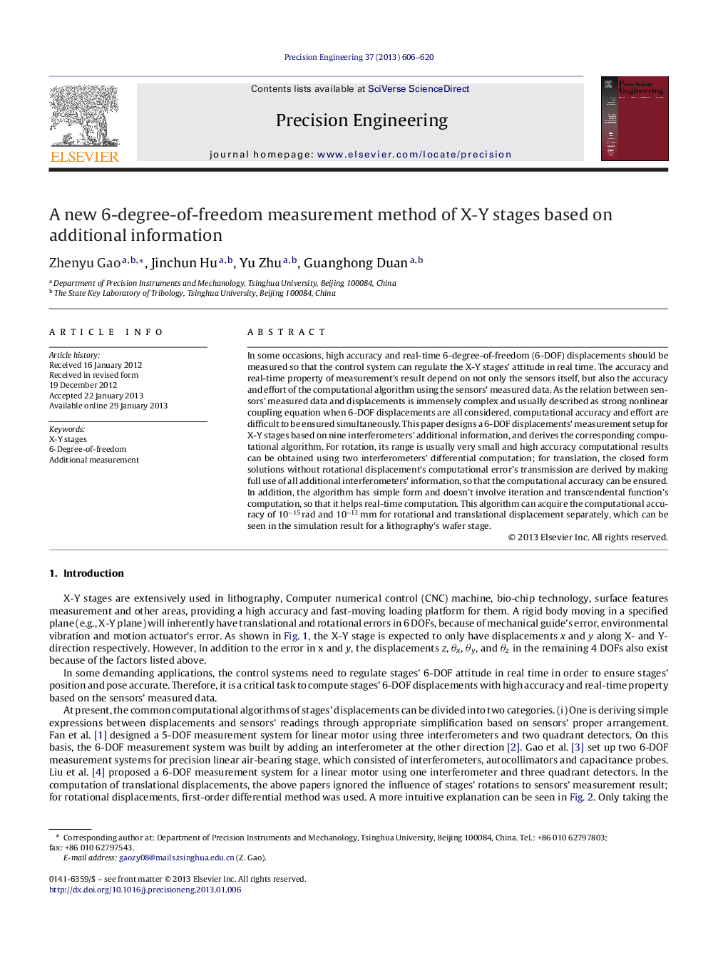 عکس صفحه اول مقاله: A new 6-degree-of-freedom measurement method of X-Y stages based on additional information A new 6-degree-of-freedom measurement method of X-Y stages based on additional information
