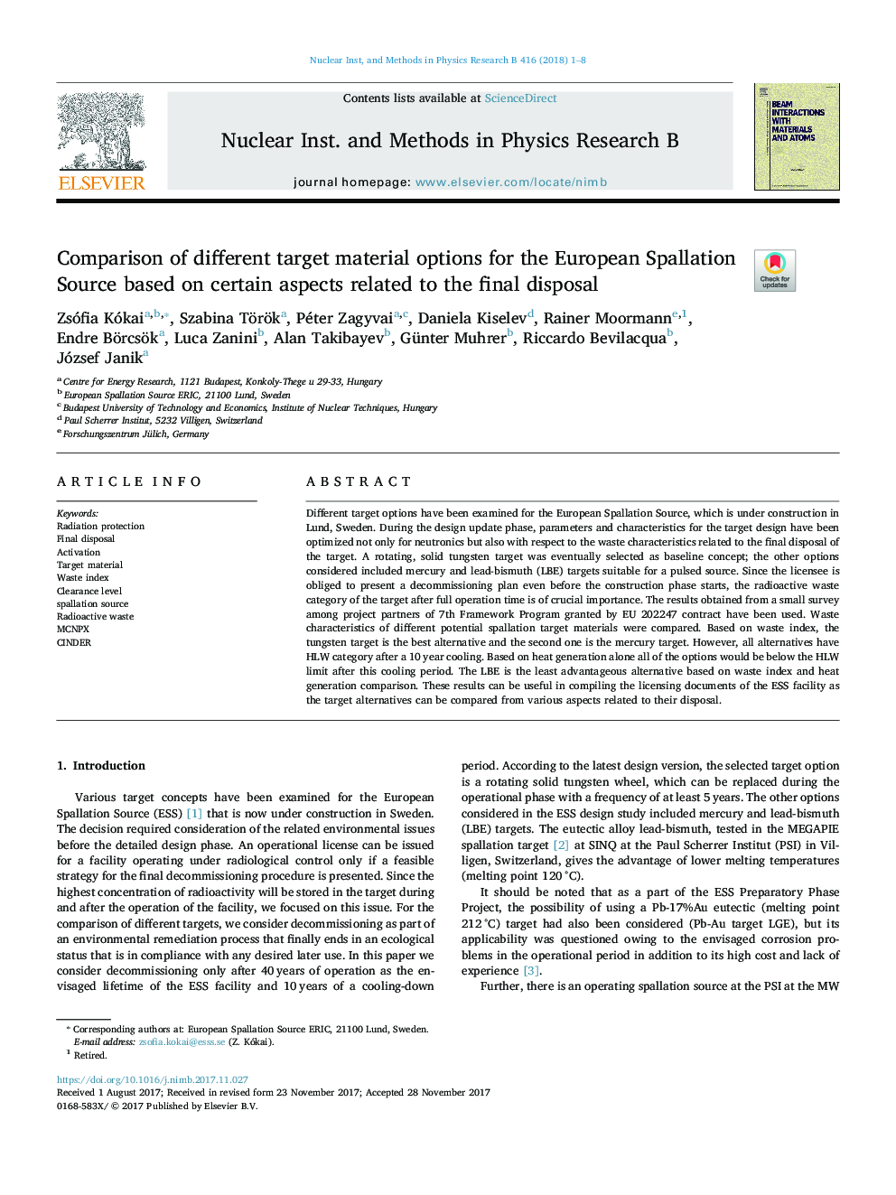 Comparison of different target material options for the European Spallation Source based on certain aspects related to the final disposal