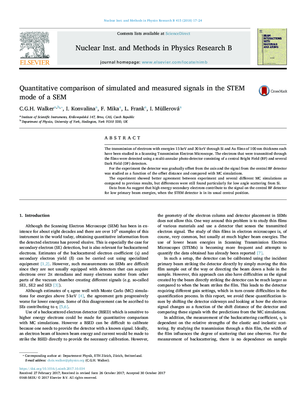 Quantitative comparison of simulated and measured signals in the STEM mode of a SEM
