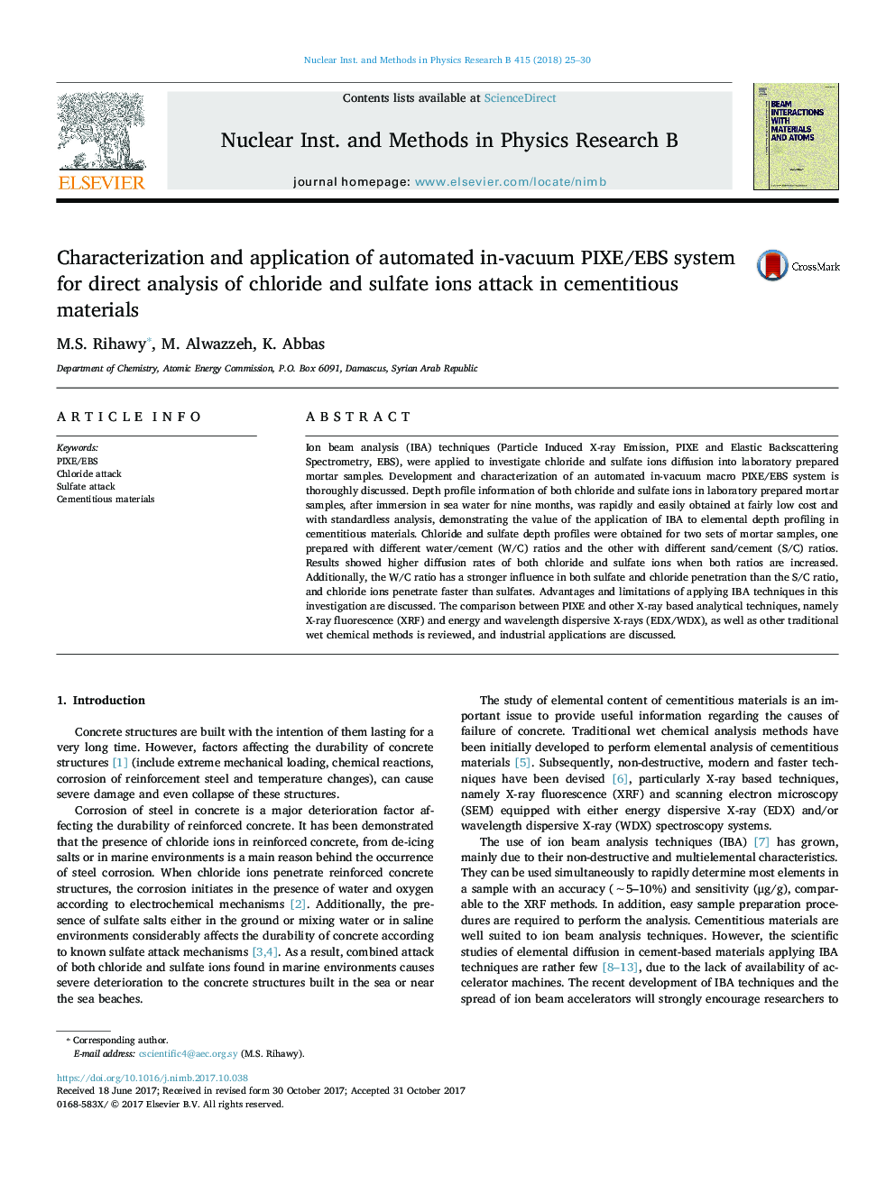 Characterization and application of automated in-vacuum PIXE/EBS system for direct analysis of chloride and sulfate ions attack in cementitious materials