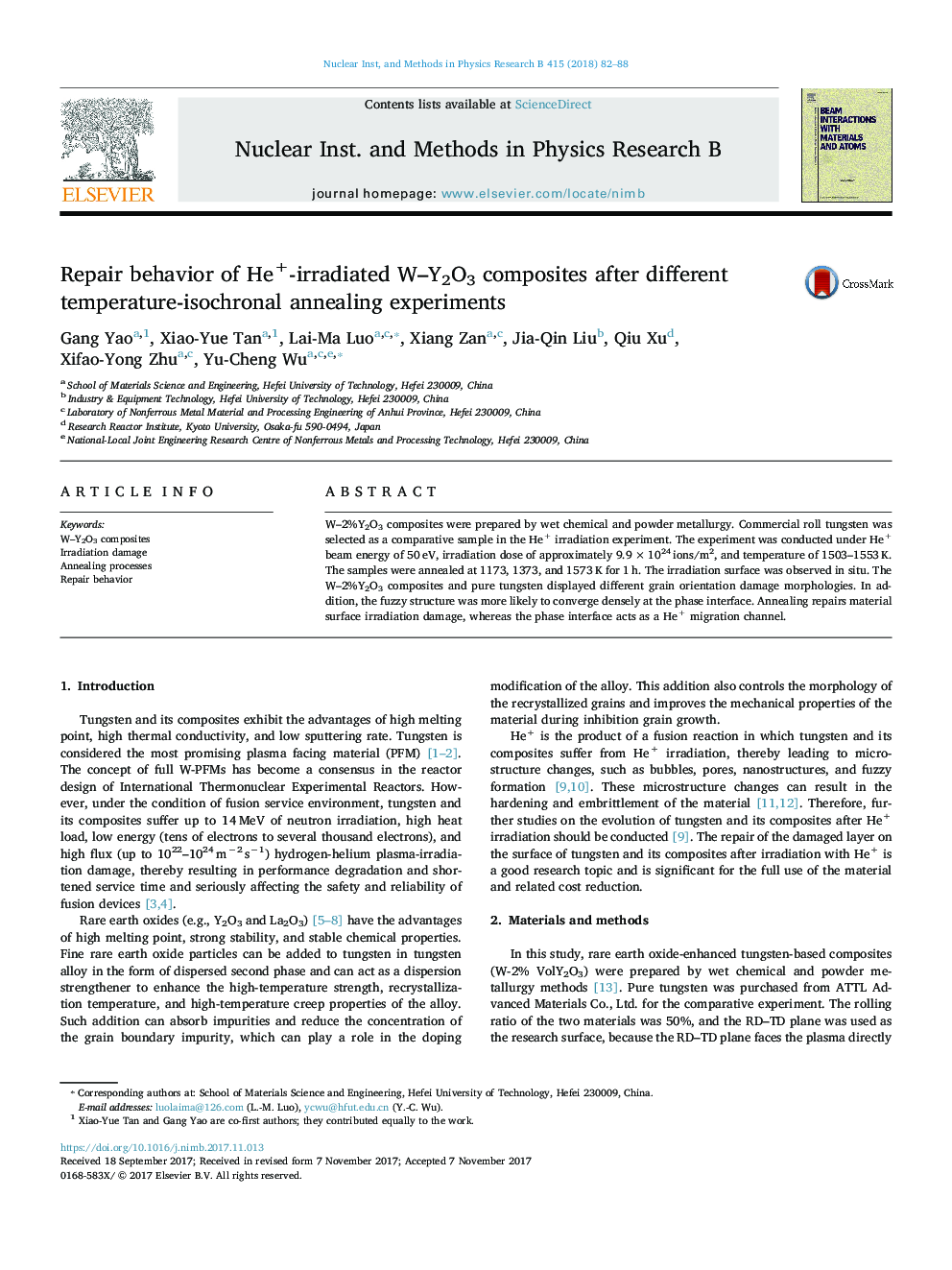 Repair behavior of He+-irradiated W-Y2O3 composites after different temperature-isochronal annealing experiments