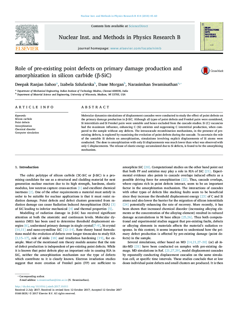 Role of pre-existing point defects on primary damage production and amorphization in silicon carbide (Î²-SiC)