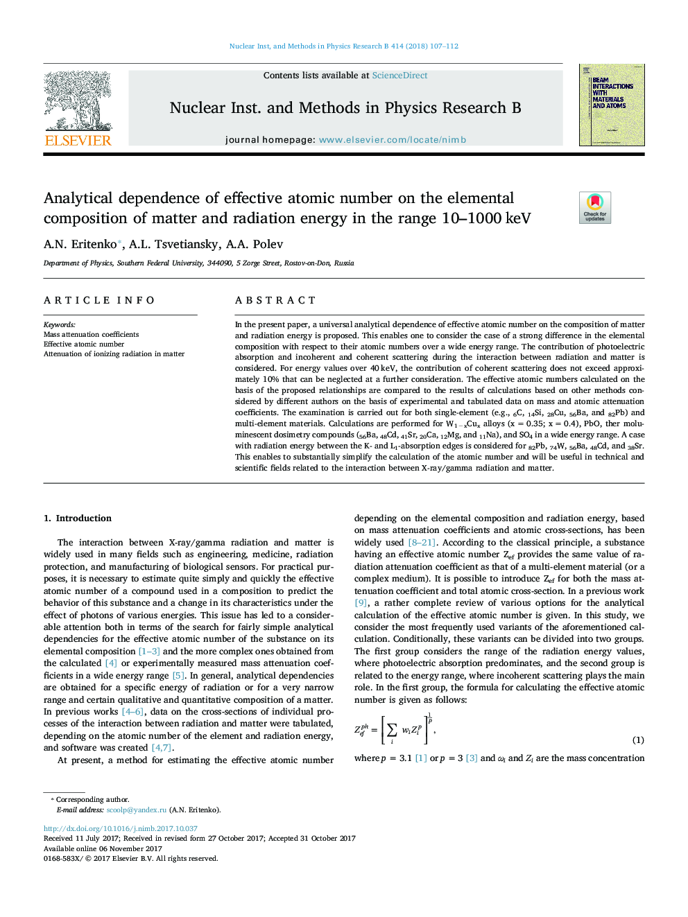 Analytical dependence of effective atomic number on the elemental composition of matter and radiation energy in the range 10-1000â¯keV