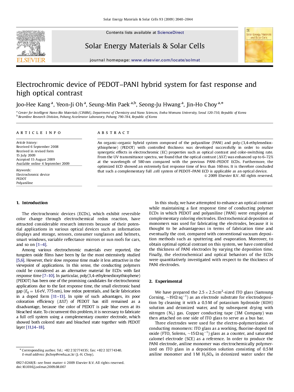 Electrochromic device of PEDOT–PANI hybrid system for fast response and high optical contrast