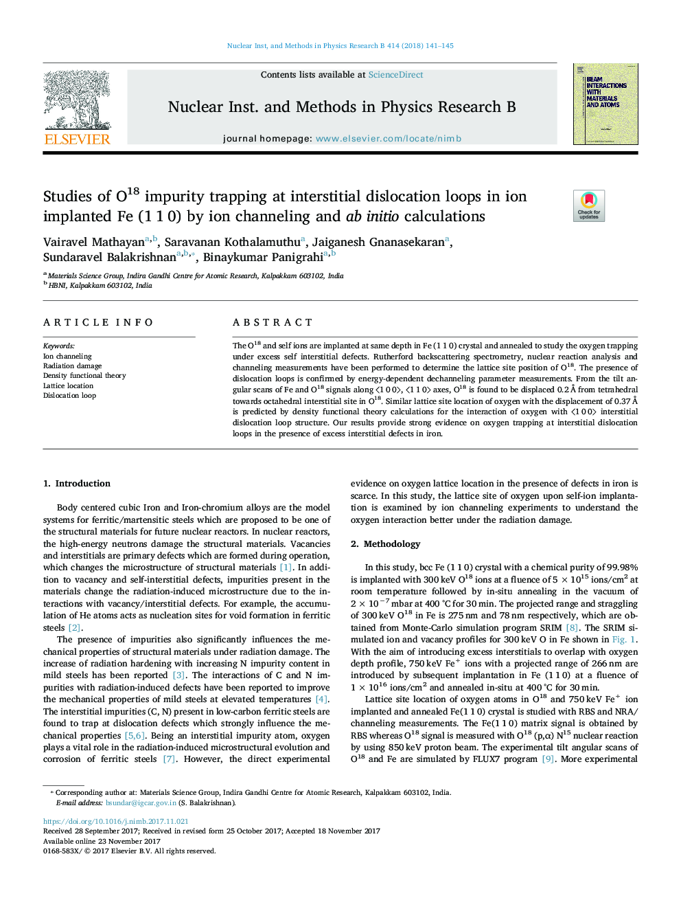 Studies of O18 impurity trapping at interstitial dislocation loops in ion implanted Fe (1â¯1â¯0) by ion channeling and ab initio calculations