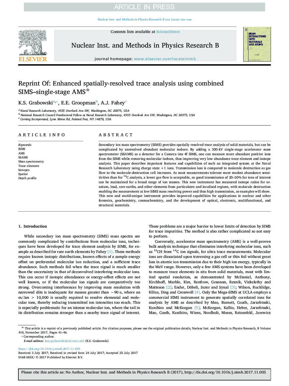 Reprint Of: Enhanced spatially-resolved trace analysis using combined SIMS-single-stage AMS