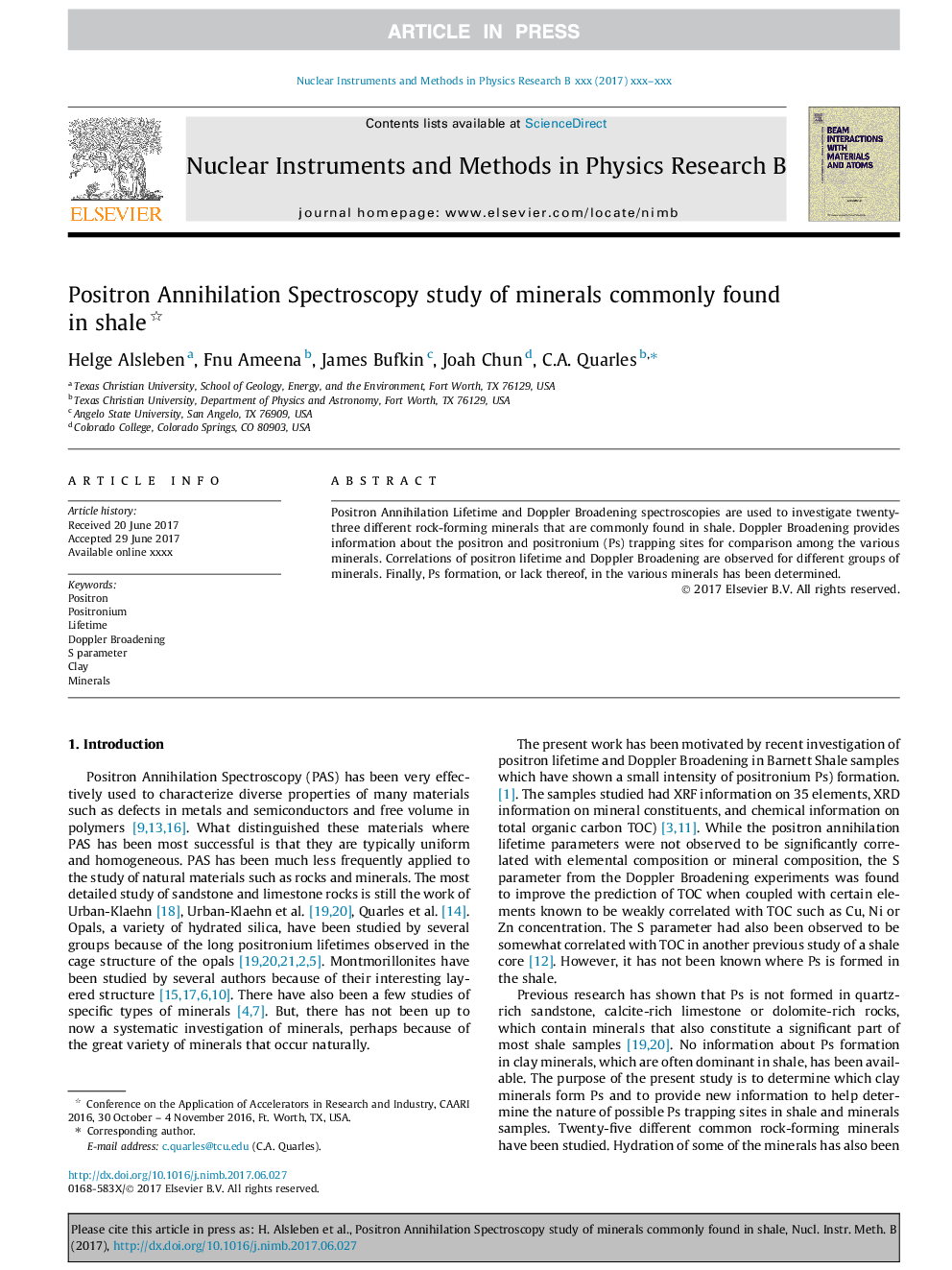 Positron Annihilation Spectroscopy study of minerals commonly found in shale