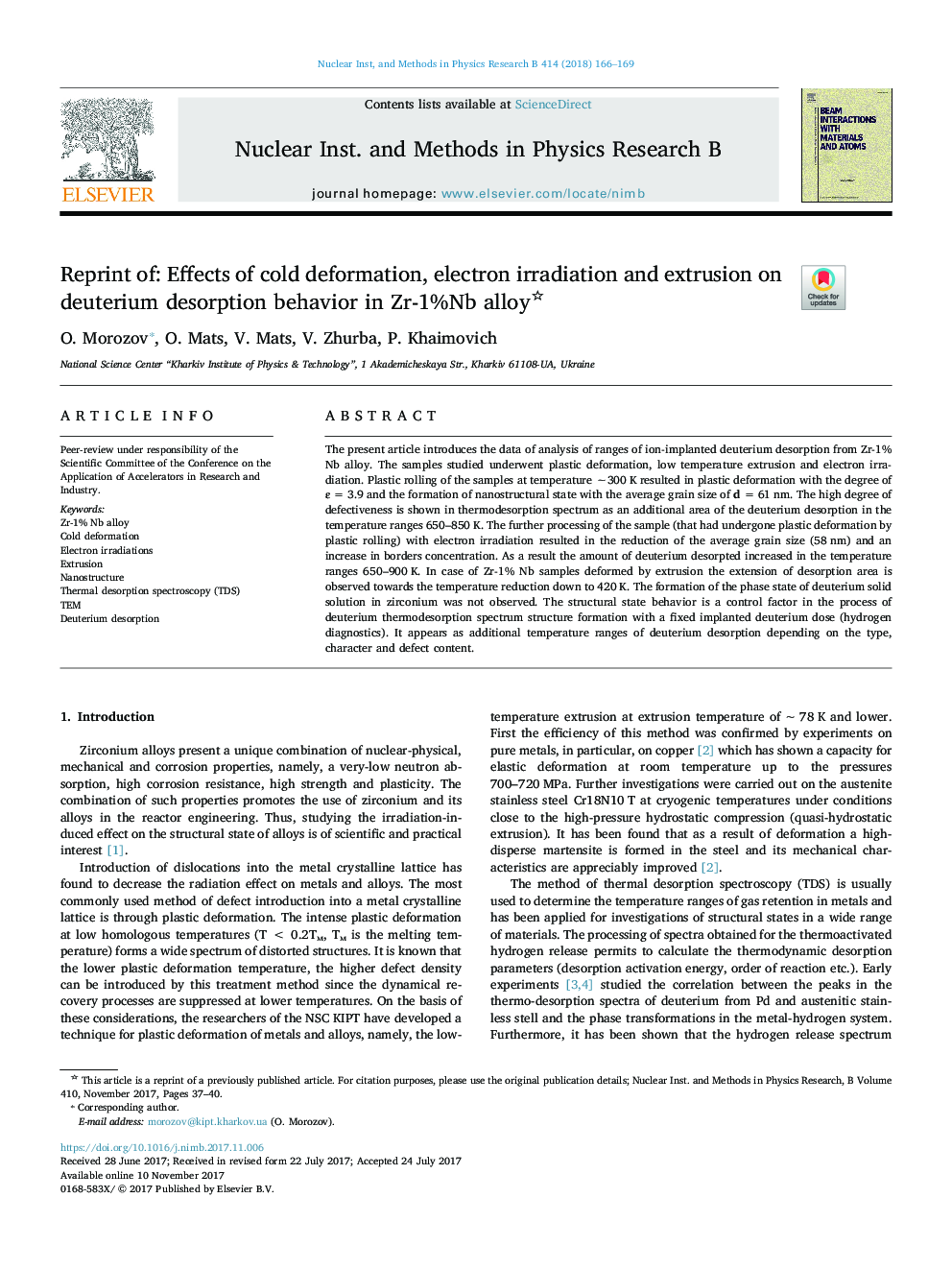 Reprint of: Effects of cold deformation, electron irradiation and extrusion on deuterium desorption behavior in Zr-1%Nb alloy