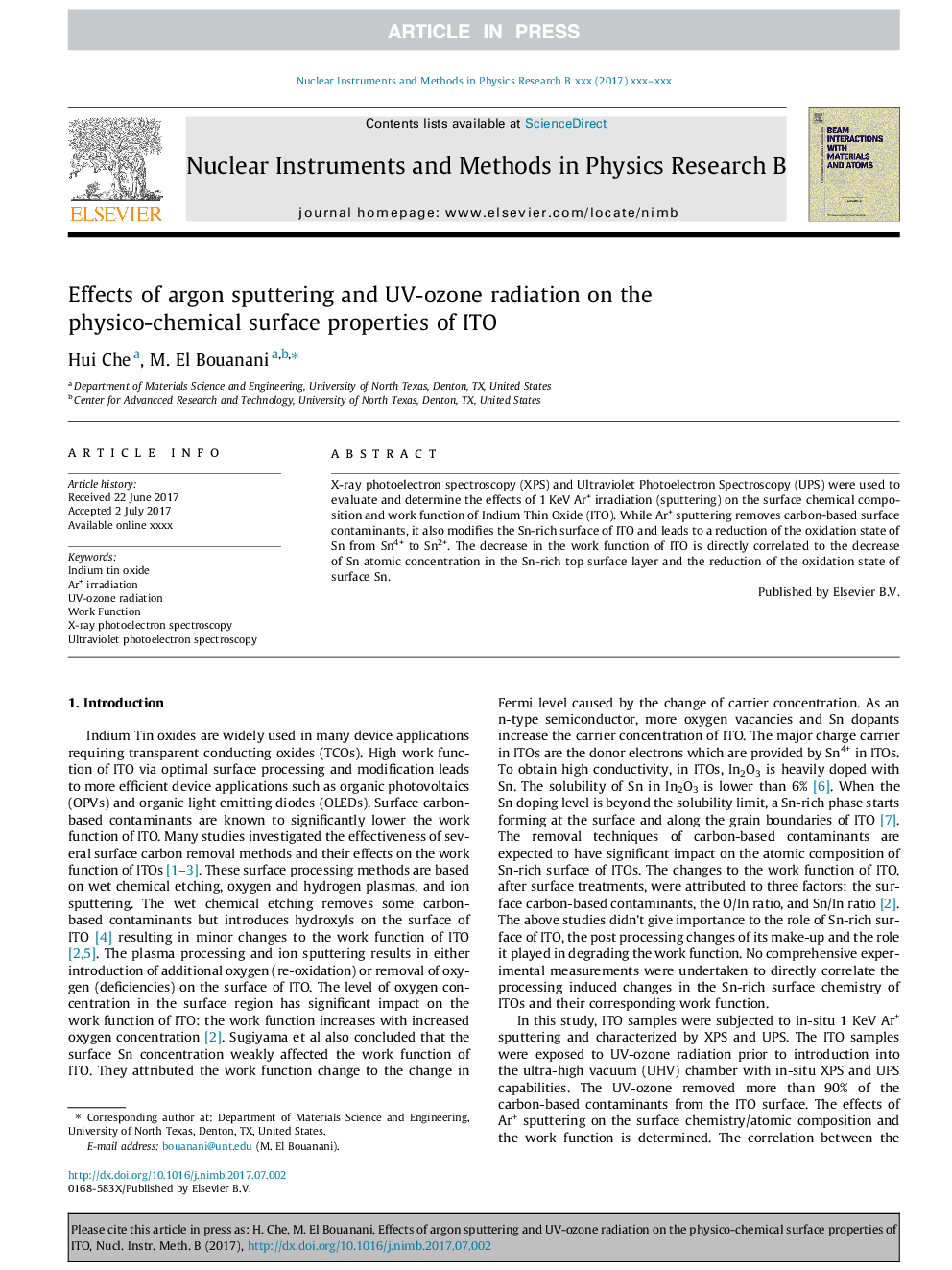 Effects of argon sputtering and UV-ozone radiation on the physico-chemical surface properties of ITO