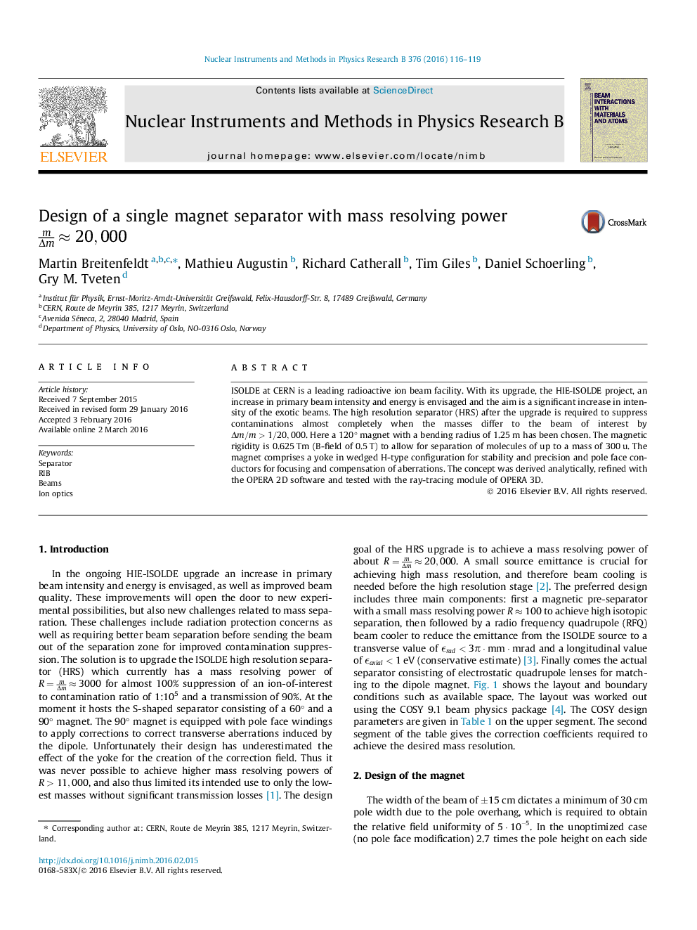 Design of a single magnet separator with mass resolving power mÎmâ20,000