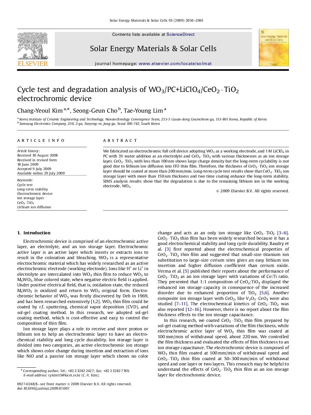 Cycle test and degradation analysis of WO3/PC+LiClO4/CeO2·TiO2 electrochromic device