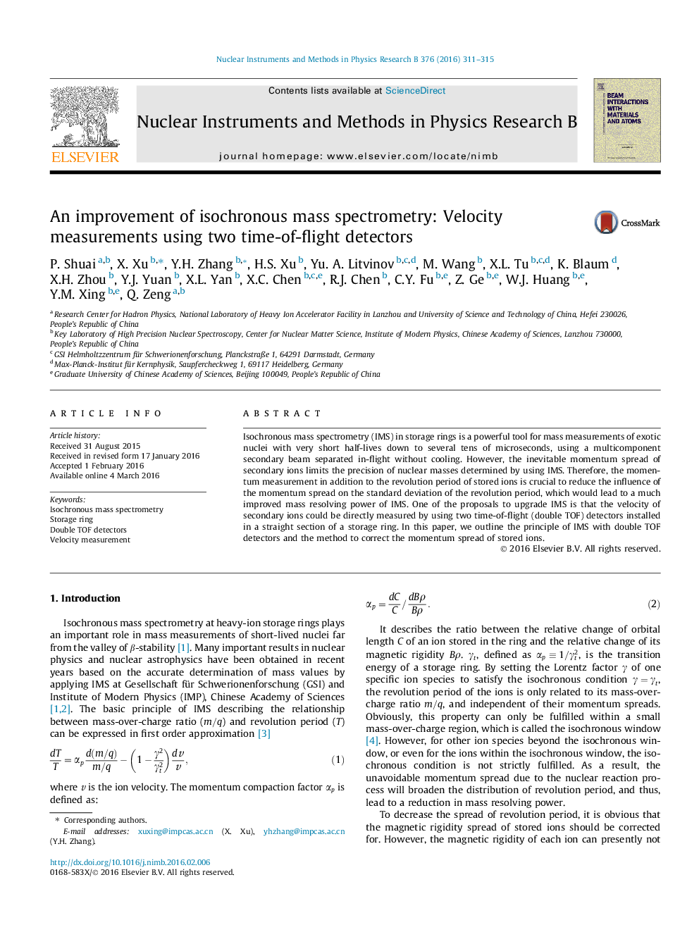 An improvement of isochronous mass spectrometry: Velocity measurements using two time-of-flight detectors