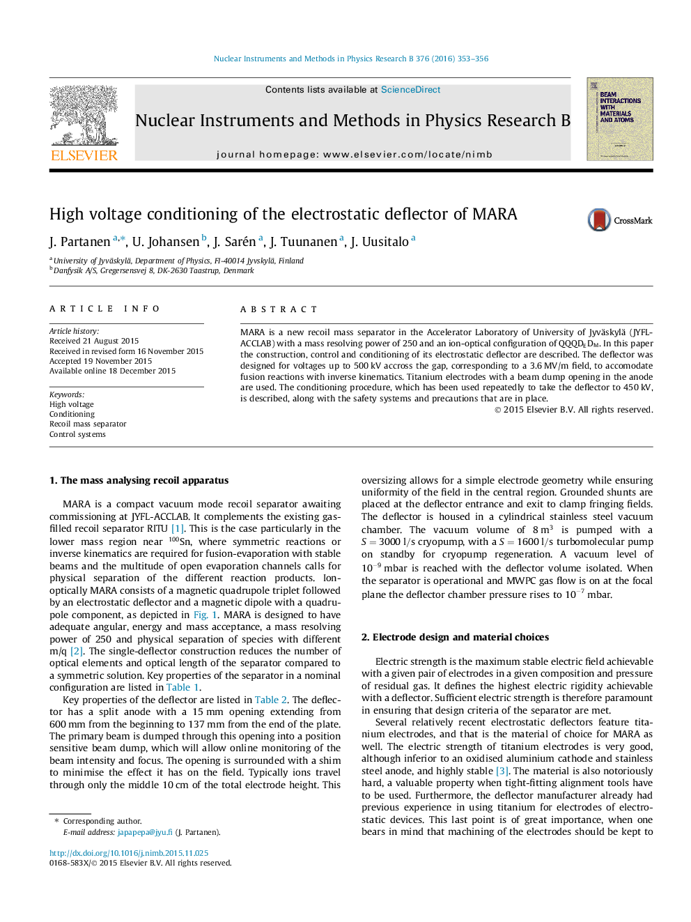 High voltage conditioning of the electrostatic deflector of MARA