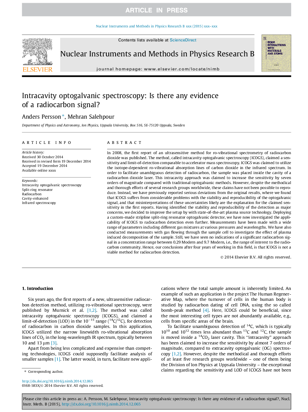 Intracavity optogalvanic spectroscopy: Is there any evidence of a radiocarbon signal?