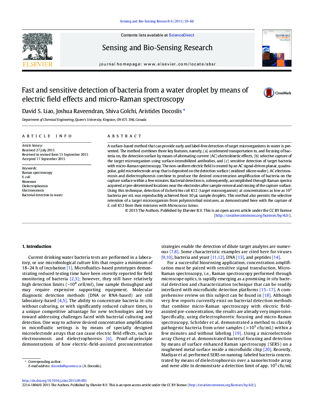 Fast and sensitive detection of bacteria from a water droplet by means of electric field effects and micro-Raman spectroscopy