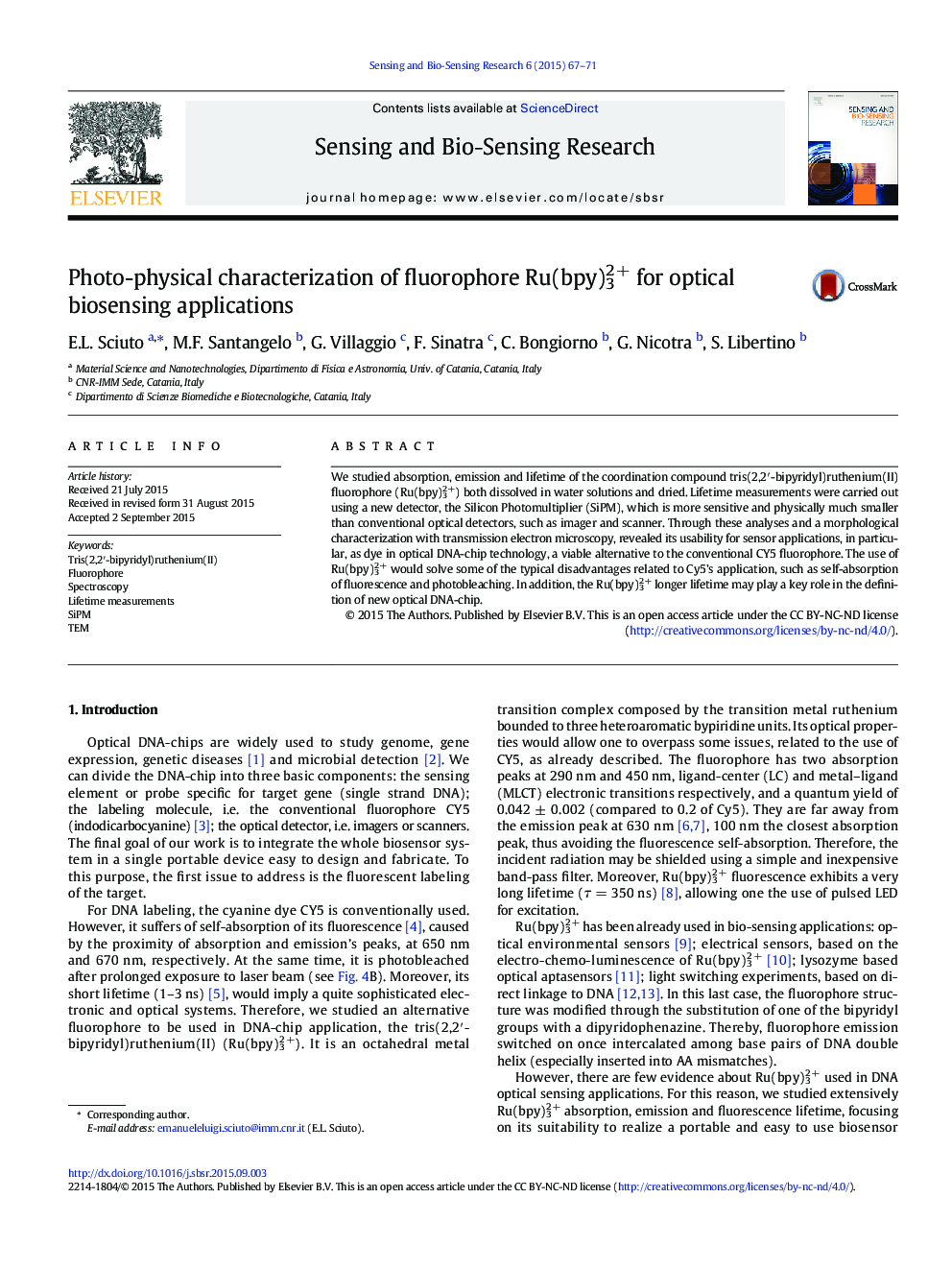 عکس صفحه اول مقاله: Photo-physical characterization of fluorophore Ru(bpy)32+ for optical biosensing applications Photo-physical characterization of fluorophore Ru(bpy)32+ for optical biosensing applications