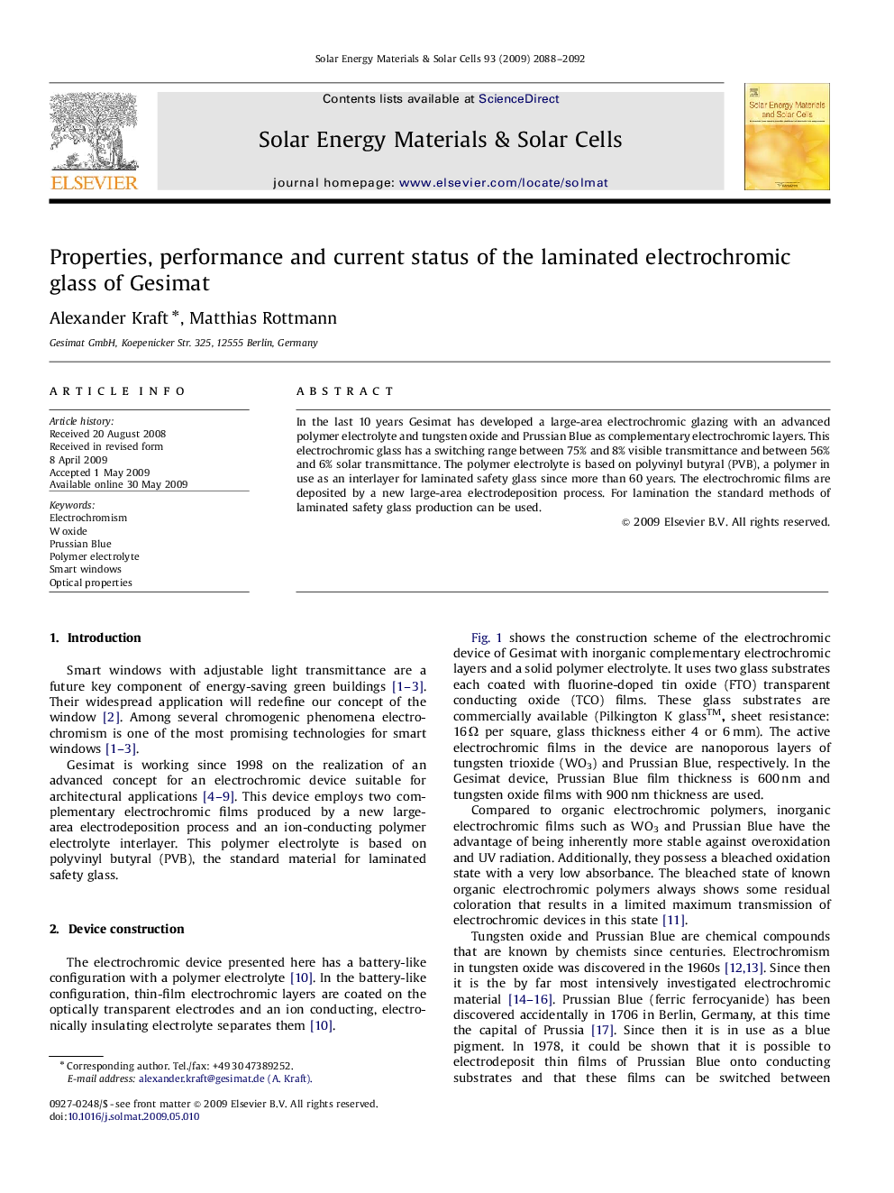 Properties, performance and current status of the laminated electrochromic glass of Gesimat